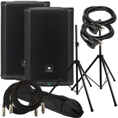 Collage of everything included with the JBL PRX908 8" Powered Speaker AUDIO ESSENTIALS BUNDLE