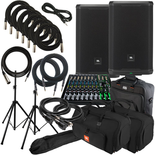 Collage of everything included with the JBL PRX912 12" Powered Speaker COMPLETE AUDIO BUNDLE