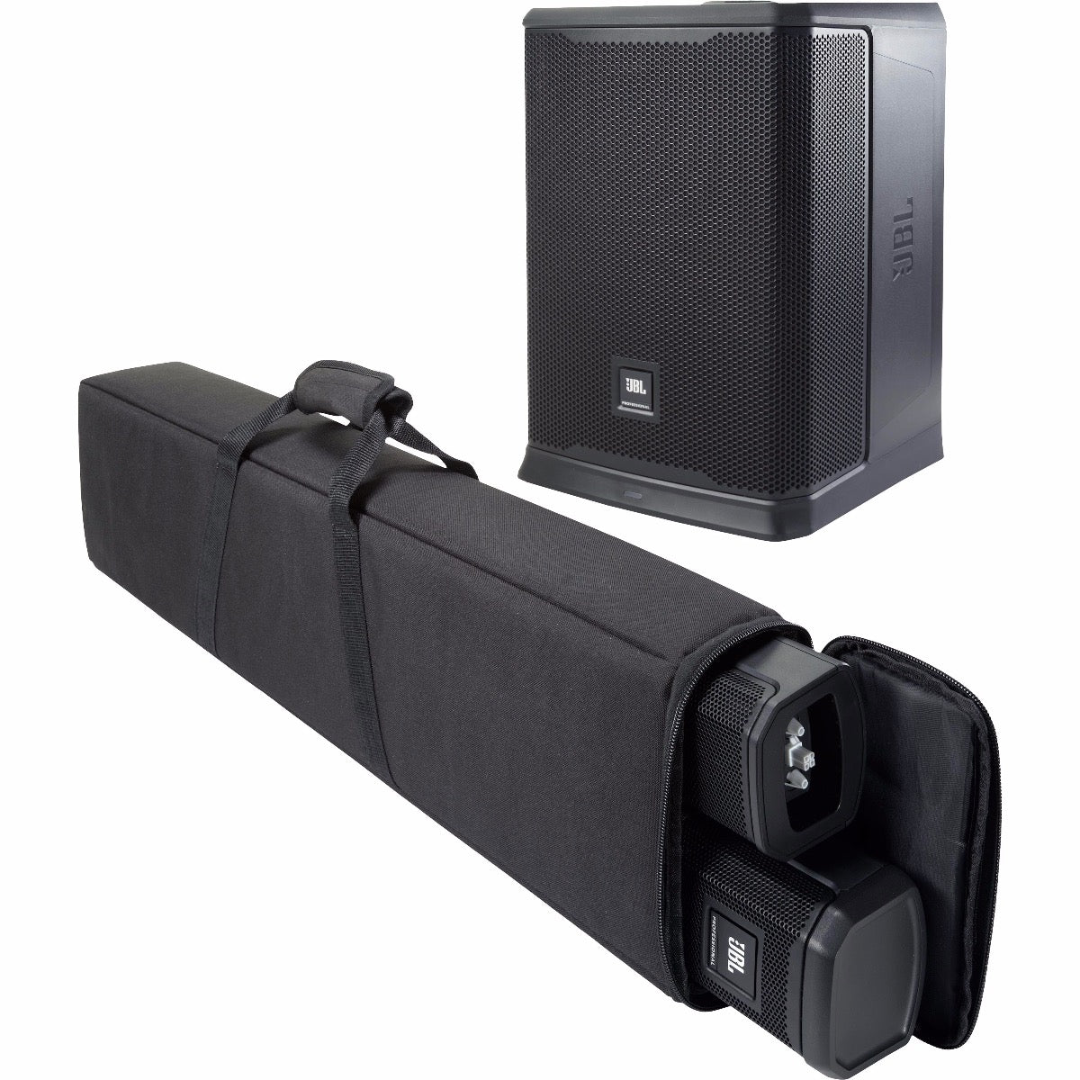 Perspective view of JBL PRX One disassembled with speaker column pieces in included carry bag showing front and right side