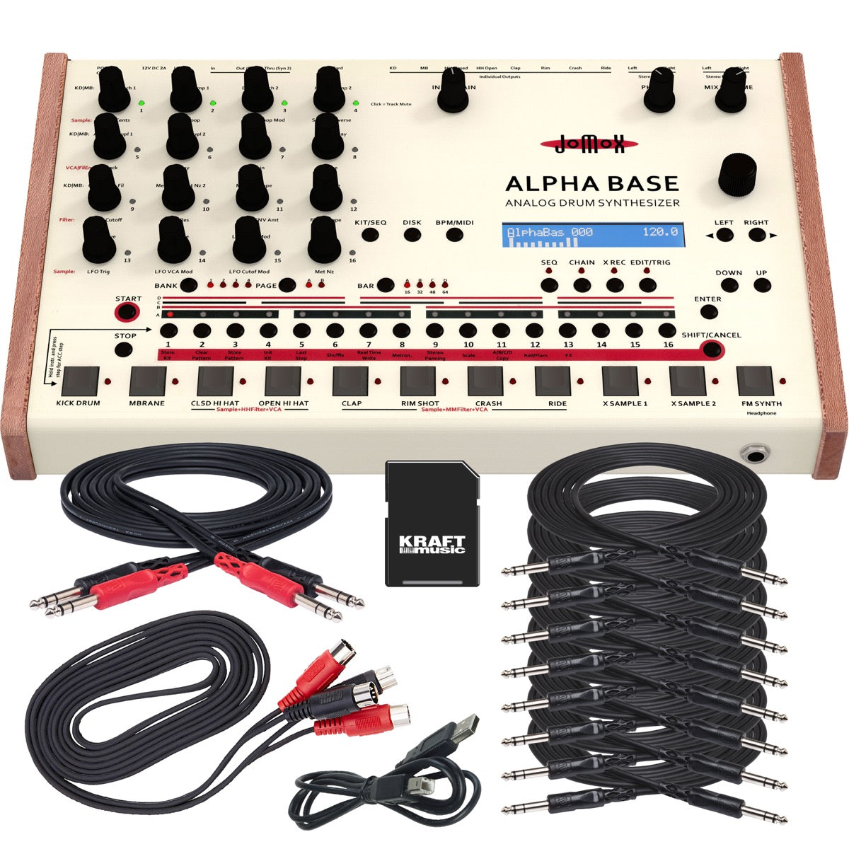 Collage showing components in JoMoX Alpha Base Analog Drum Synthesizer CABLE KIT