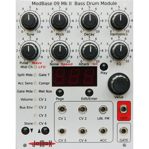Front view of JoMoX ModBase 09 MkII Eurorack Bass Drum Module