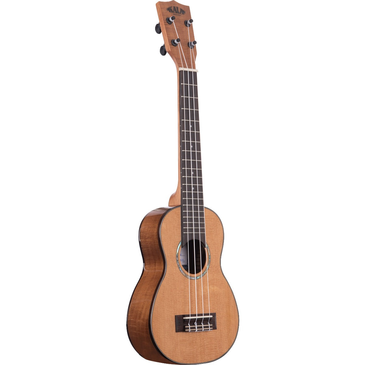 Perspective view of Kala KA-SCAC-C Solid Cedar Top Acacia Concert Ukulele showing top and left side