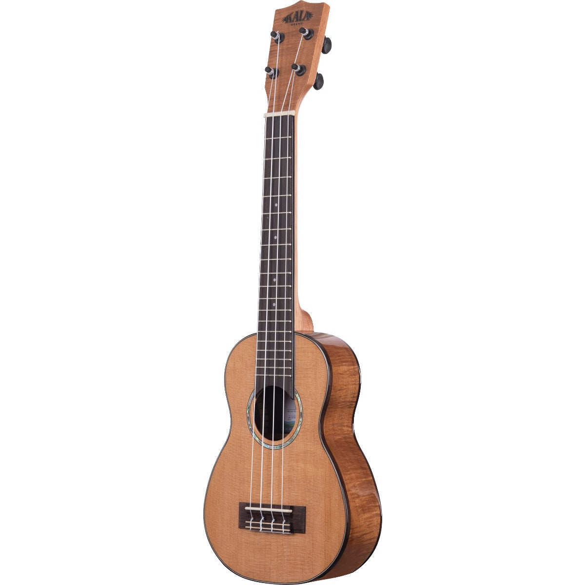 Perspective view of Kala KA-SCAC-C Solid Cedar Top Acacia Concert Ukulele showing top and right side