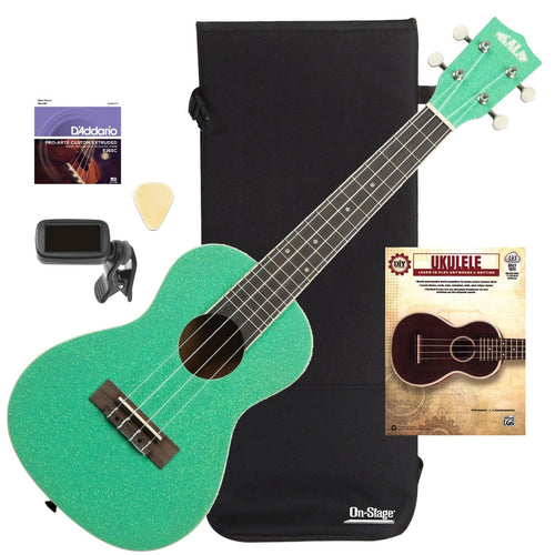 Collage of the components in the Kala Sparkle Series Concert Uke - Gatsby Green UKE ESSENTIALS BUNDLE