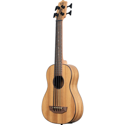 Perspective view of Kala Zebrawood U-Bass showing front and right side