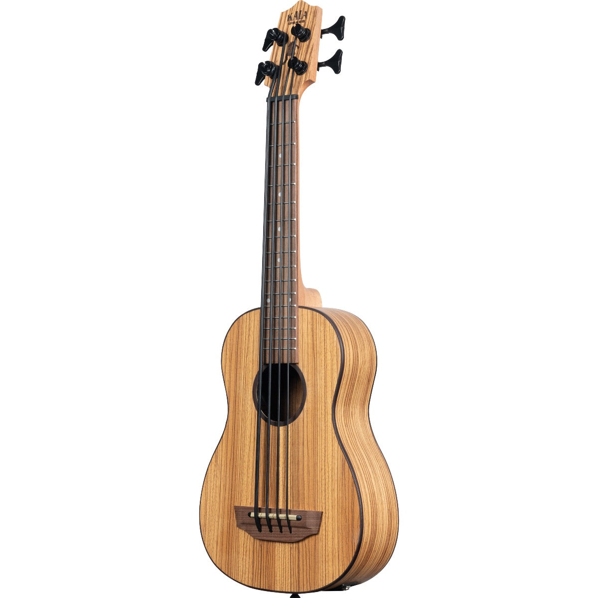 Perspective view of Kala Zebrawood U-Bass showing front and right side
