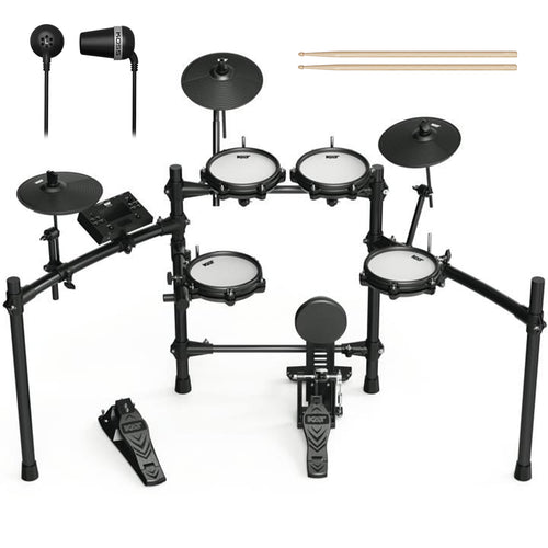 Collage of the Kat Percussion KT-150 Electronic Drum Set BONUS PAK showing incuded components