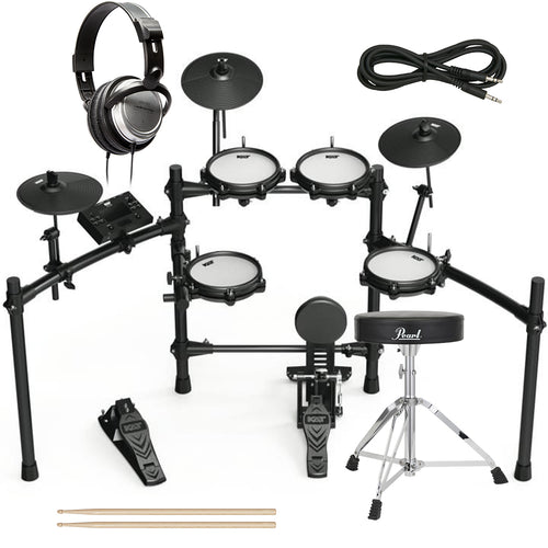 Collage of the Kat Percussion KT-150 Electronic Drum Set DRUM ESSENTIALS BUNDLE showing included components