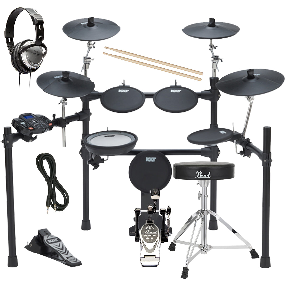 Collage image of the Kat Percussion KT-200 Electronic Drum Set DRUM ESSENTIALS BUNDLE