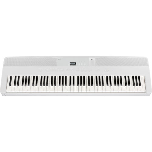 Perspective view of Kawai ES520 Portable Digital Piano - White showing top and front