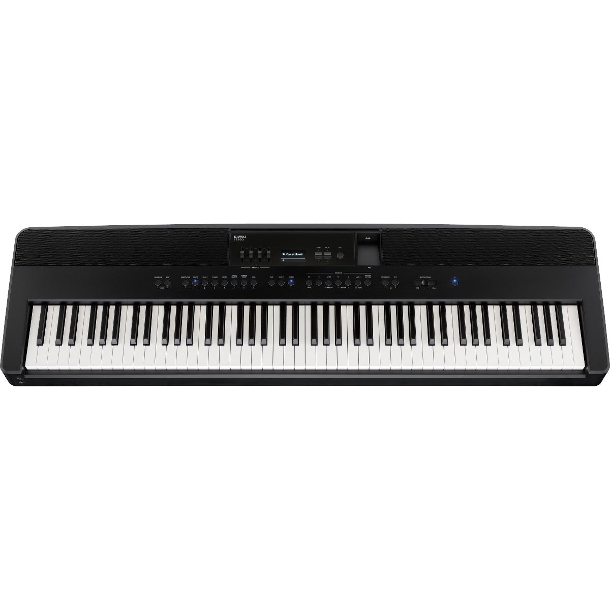 Perspective view of Kawai ES920 Portable Digital Piano - Black showing top and front