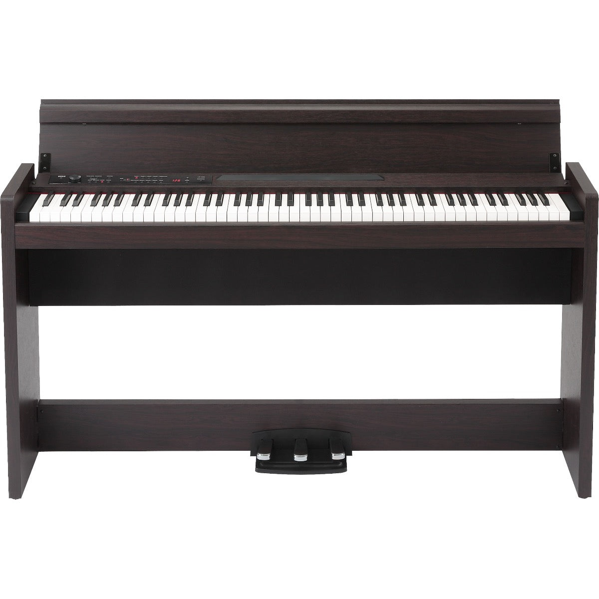Perspective view of Korg LP-380U Digital Piano - Rosewood showing top and front