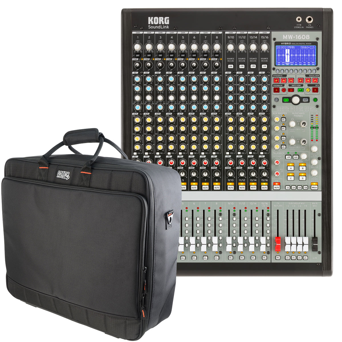Collage of the components in the Korg Soundlink MW-1608 16-channel Hybrid Mixer CARRY BAG KIT bundle