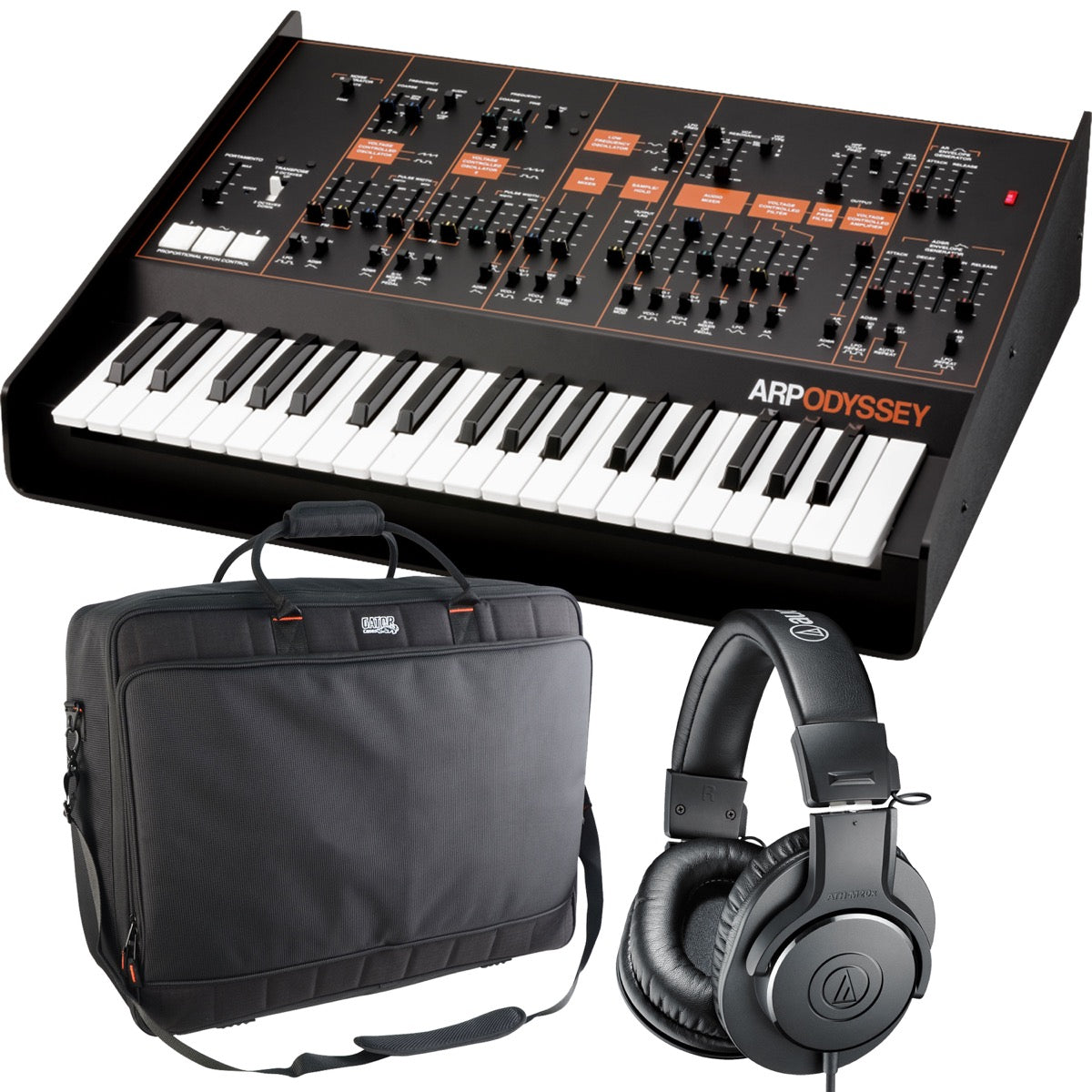 Collage showing components in Korg ARP Odyssey FS Kit Duophonic Analog Synthesizer CARRY BAG KIT