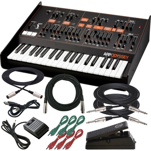 Collage showing components in Korg ARP Odyssey FS Kit Duophonic Analog Synthesizer CABLE KIT