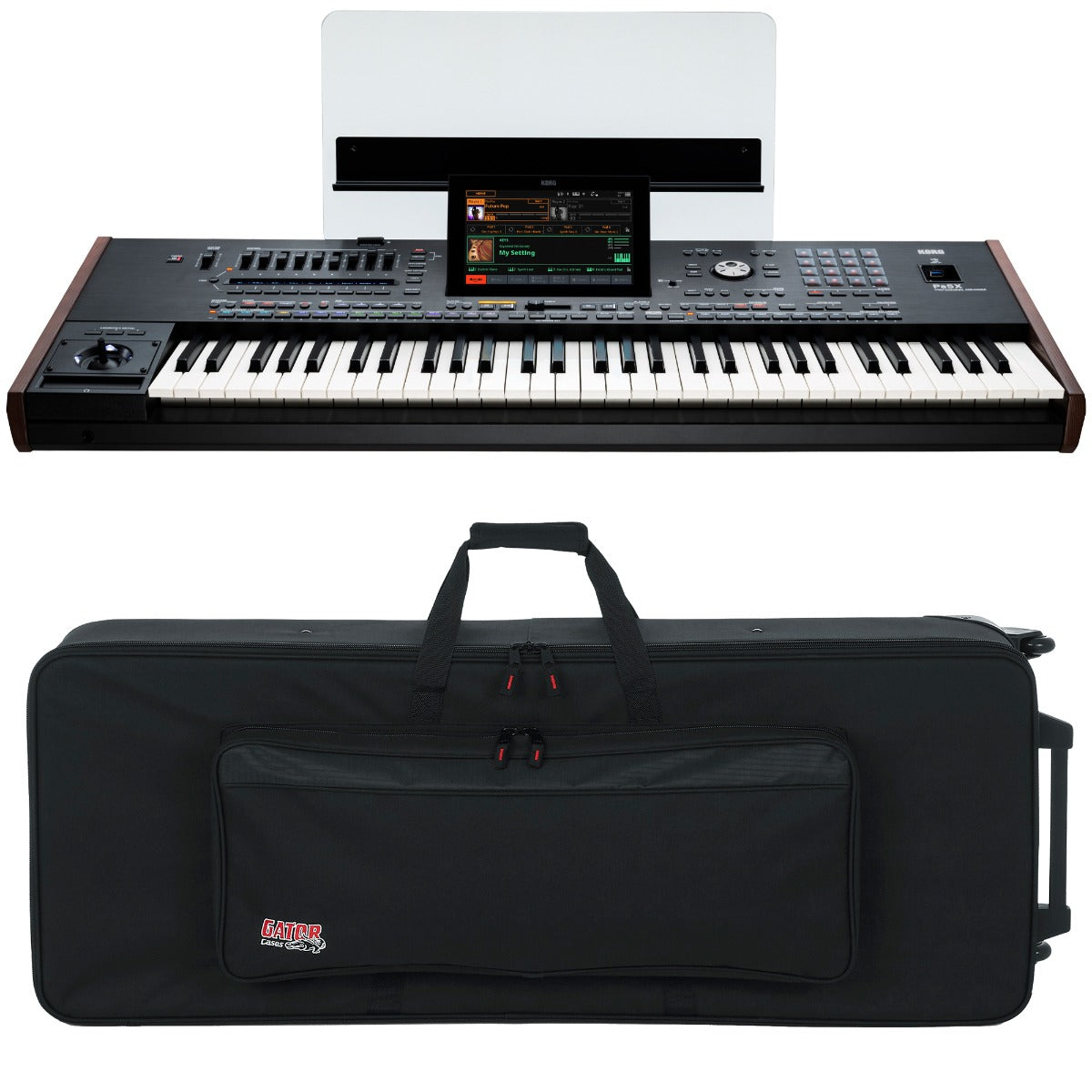Collage of the components in the Korg PA5X 61-key Professional Arranger Workstation Keyboard CARRY BAG KIT bundle