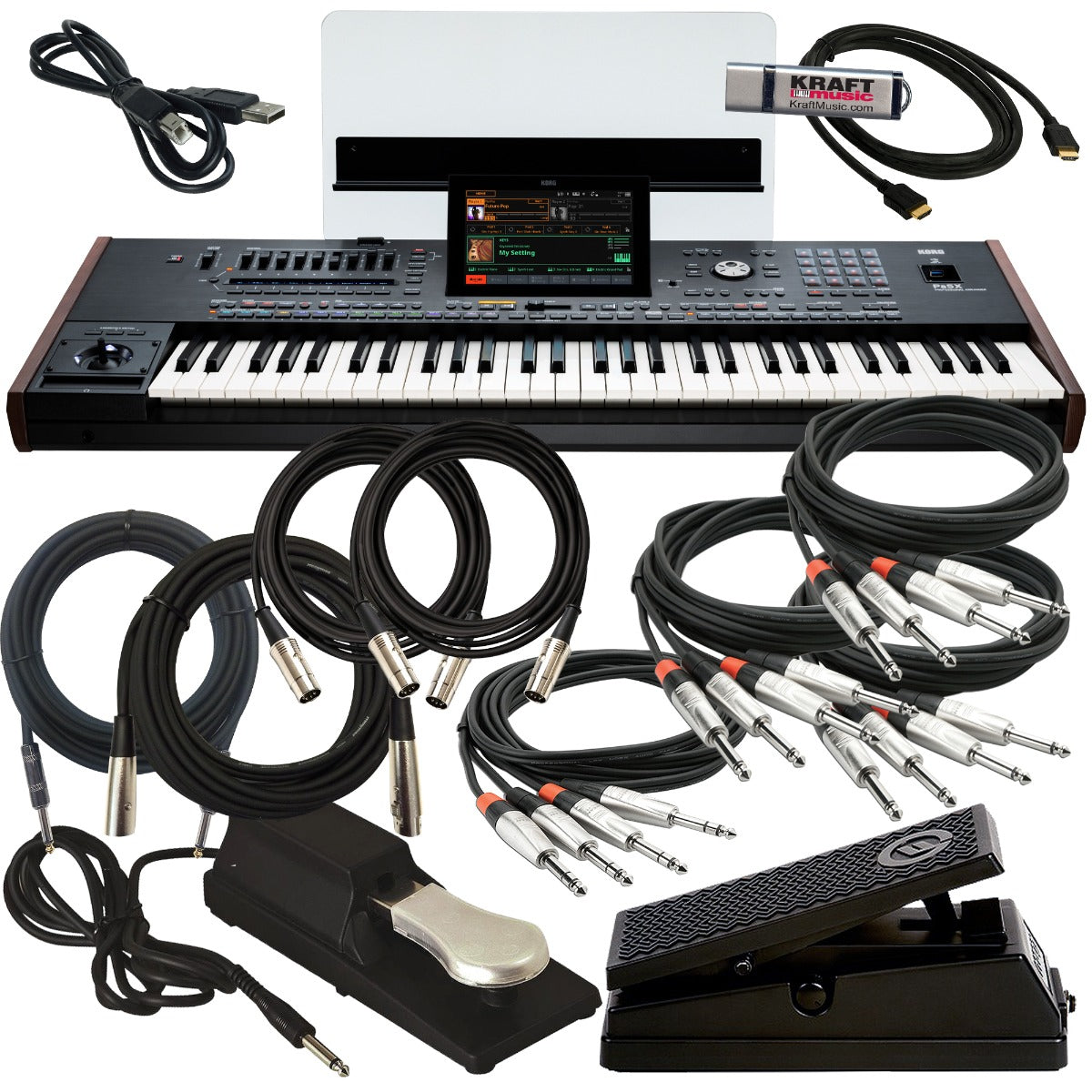 Collage of the components in the Korg PA5X 61-key Professional Arranger Workstation Keyboard CABLE KIT bundle
