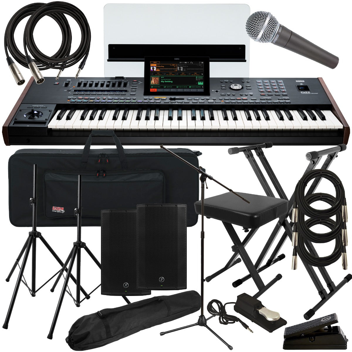 Collage of the components in the Korg PA5X 61-key Professional Arranger Workstation Keyboard COMPLETE STAGE BUNDLE