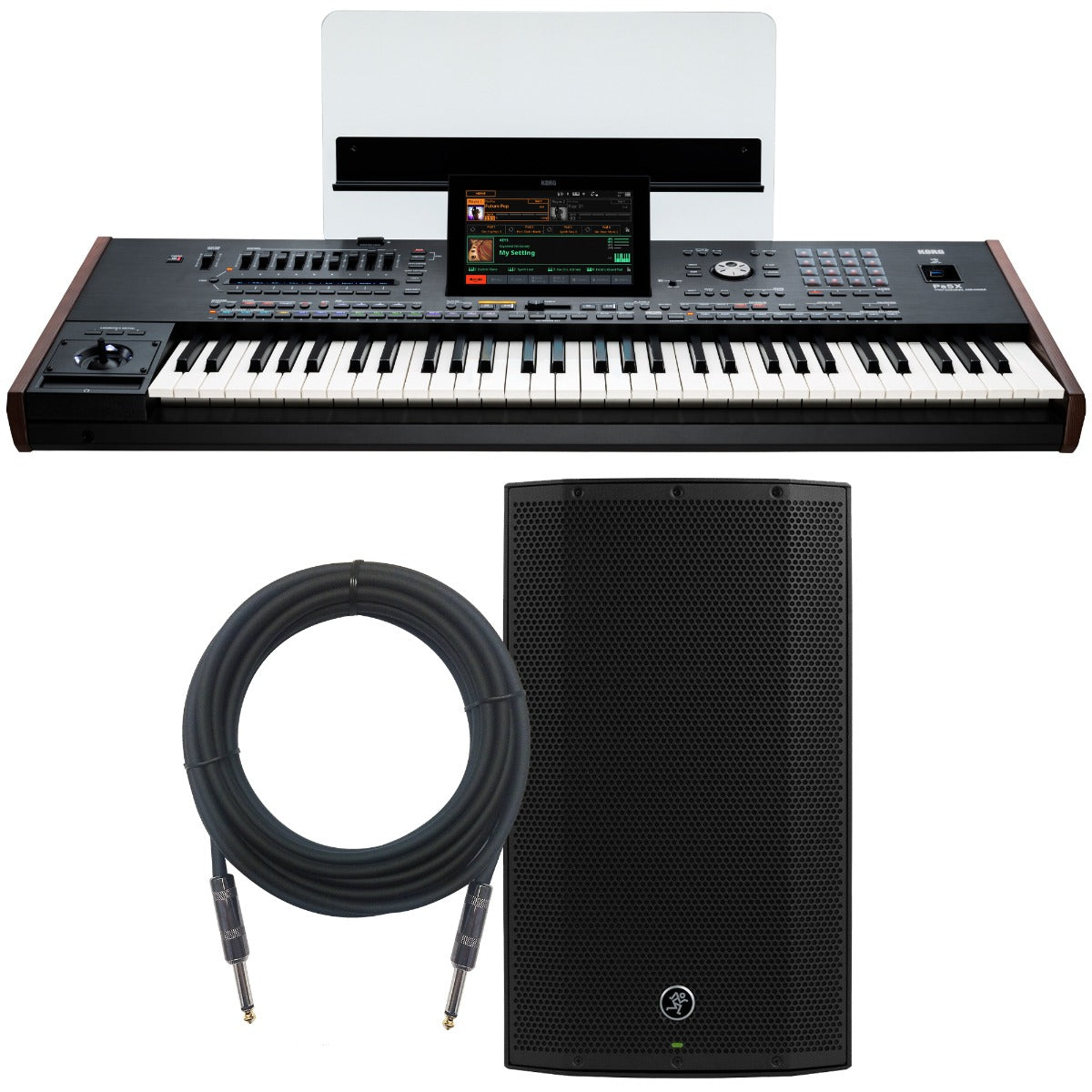 Collage of the components in the Korg PA5X 61-key Professional Arranger Workstation Keyboard MONITOR KIT bundle