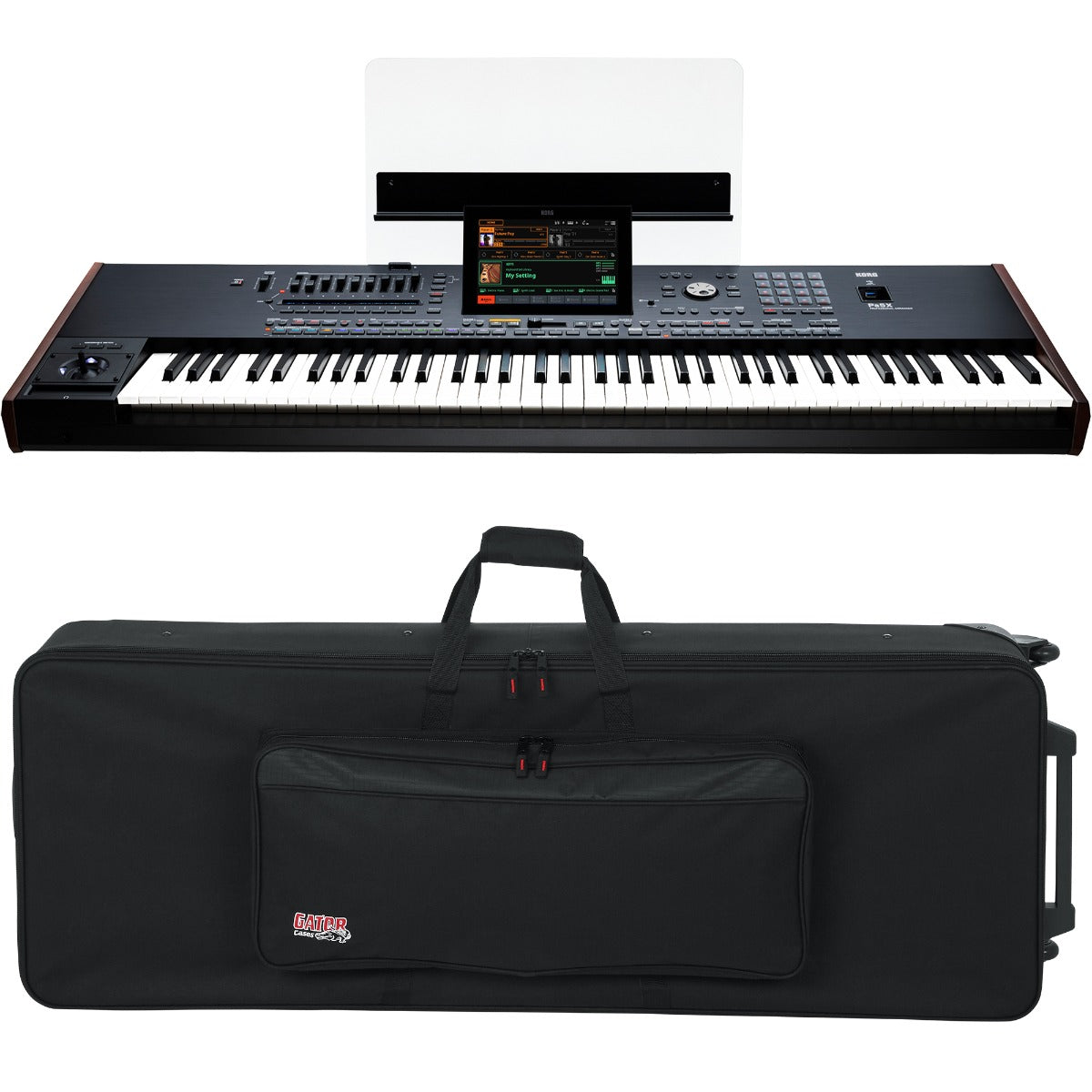 Collage of the components in the Korg PA5X 76-key Professional Arranger Workstation Keyboard CARRY BAG KIT bundle