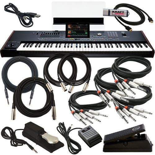 Collage of the components in the Korg PA5X 76-key Professional Arranger Workstation Keyboard CABLE KIT bundle