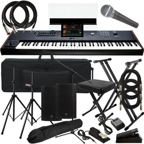 Collage of the components in the Korg PA5X 76-key Professional Arranger Workstation Keyboard COMPLETE STAGE BUNDLE