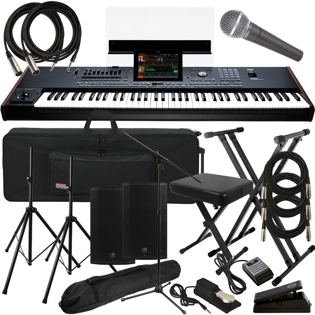 Collage of the components in the Korg PA5X 76-key Professional Arranger Workstation Keyboard COMPLETE STAGE BUNDLE