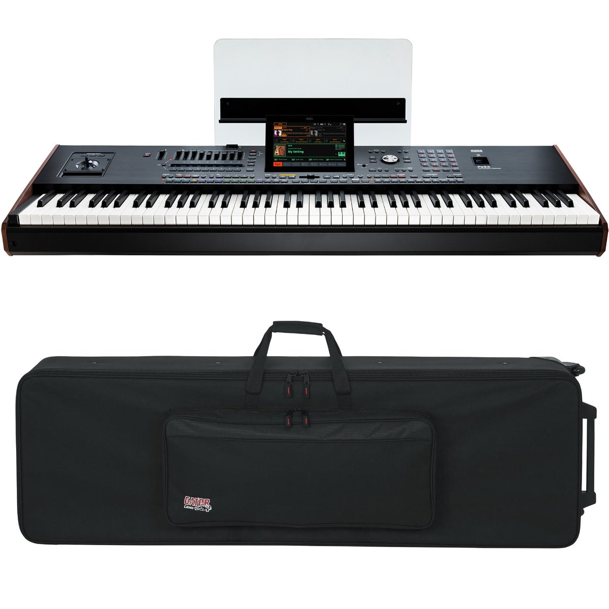 Collage of the components in the Korg PA5X 88-key Professional Arranger Workstation Keyboard CARRY BAG KIT bundle