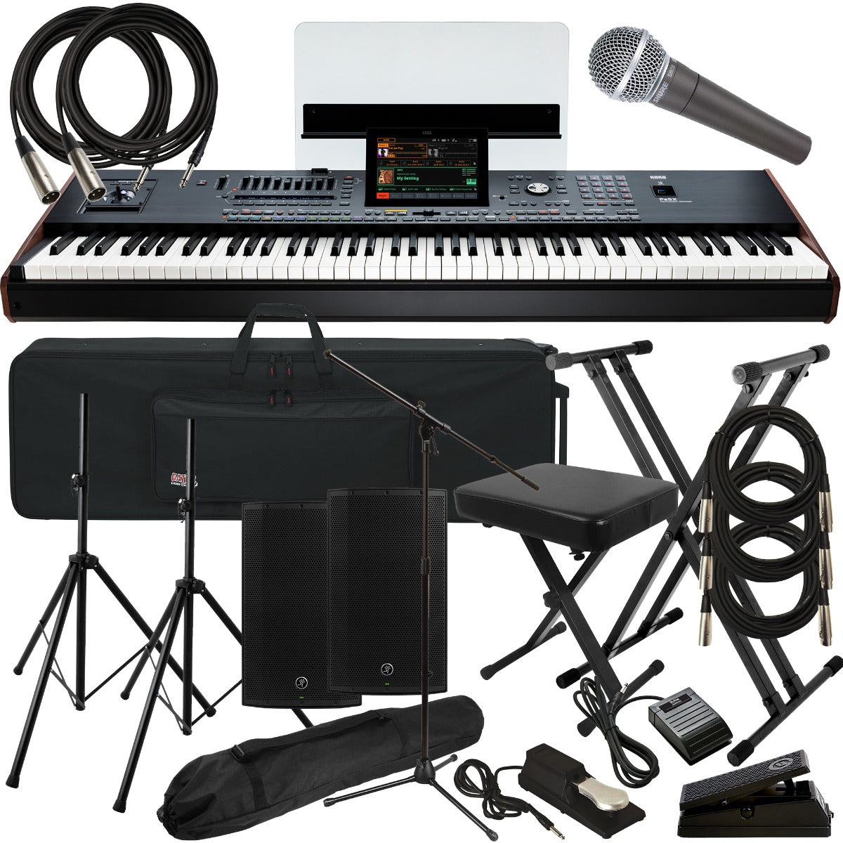 Collage of the components in the Korg PA5X 88-key Professional Arranger Workstation Keyboard COMPLETE STAGE BUNDLE