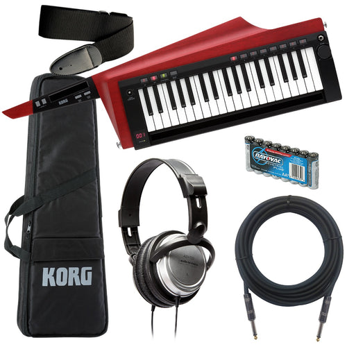Collage showing components in Korg RK-100S 2 Keytar - Translucent Red BONUS PAK