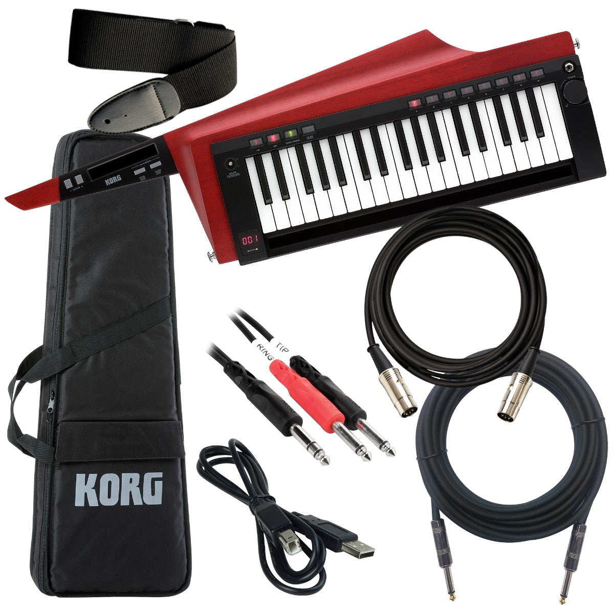 Collage showing components in Korg RK-100S 2 Keytar - Translucent Red CABLE KIT