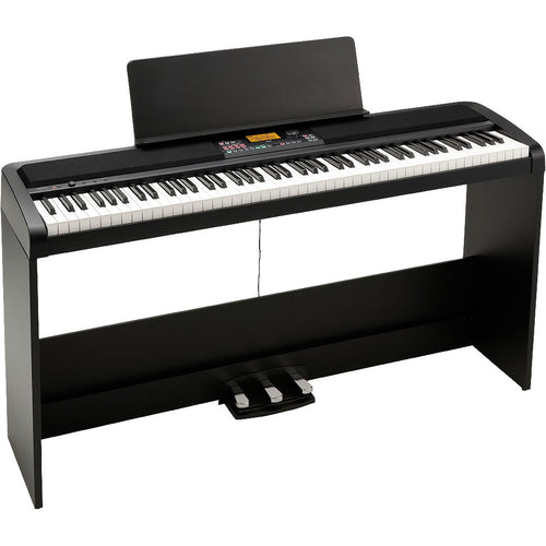3/4 view of Korg XE20SP Home Digital Ensemble Piano showing front, top and left side