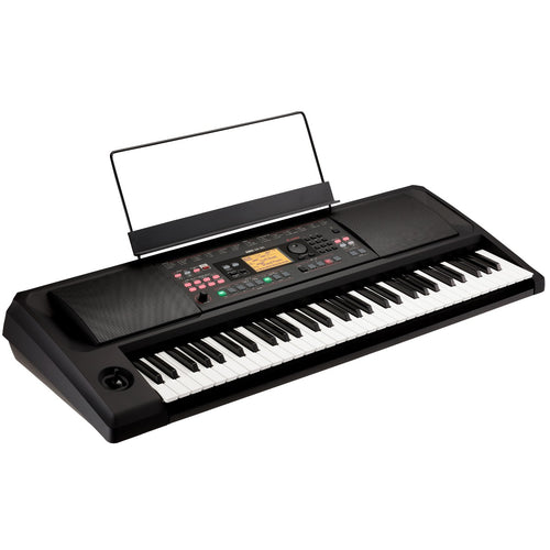 3/4 view of Korg EK-50 L Entertainer Keyboard with music rest attached showing top, front edge and left edge