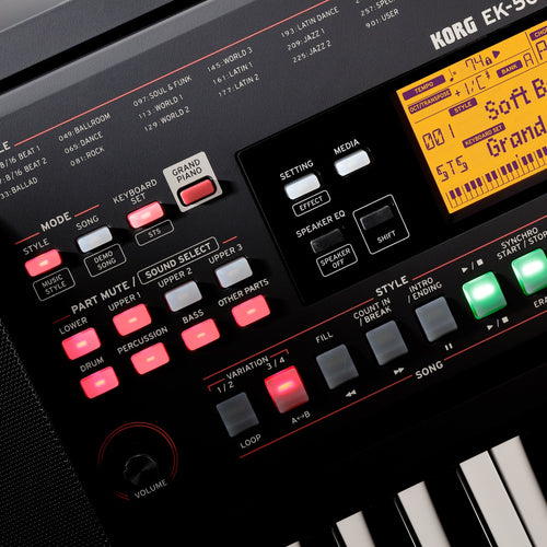 Detail image of Korg EK-50 L Entertainer Keyboard showing panel buttons and screen