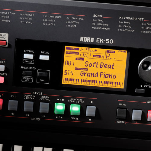 Detail view of Korg EK-50 L Entertainer Keyboard panel showing button, screen and data encoder