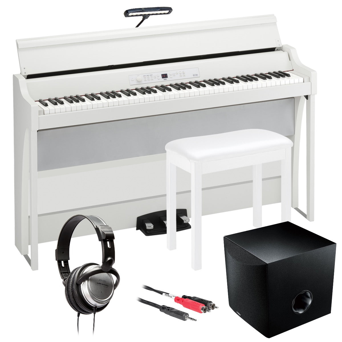Image of the piano with the bundled accessories