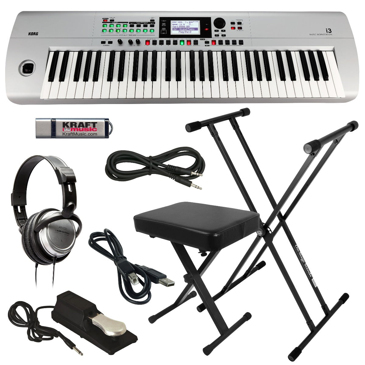 Korg i3 in Matte Silver with included accessories