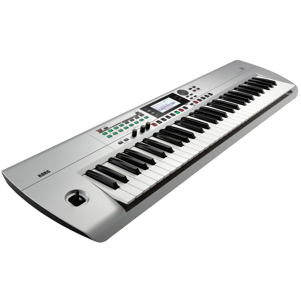angled view of korg i3 in silver