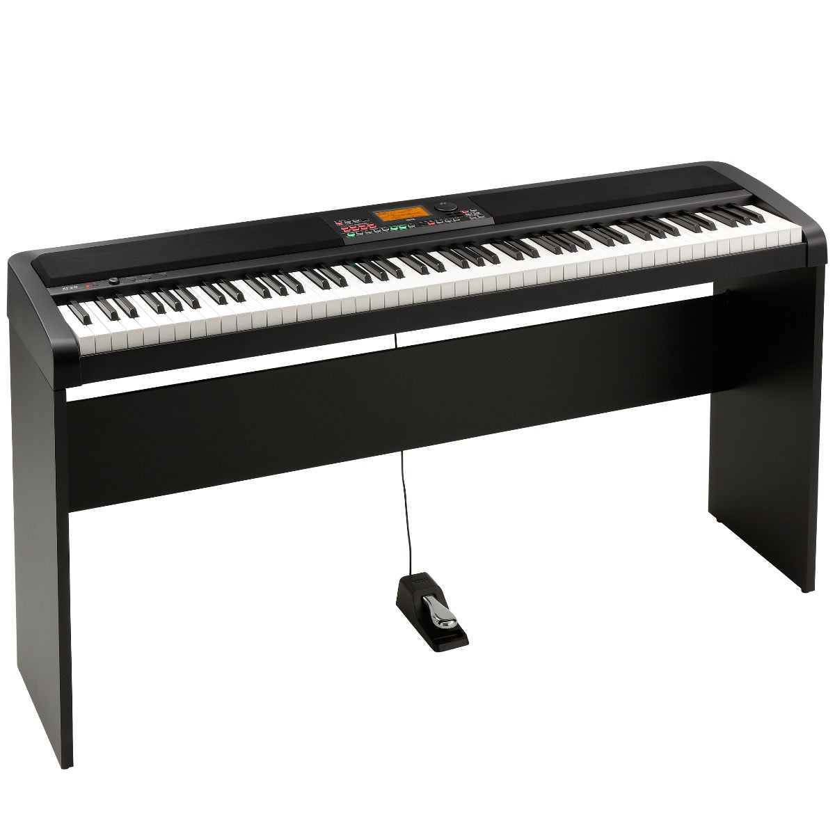 3/4 view showing top, front and left side of Korg XE20 Home Digital Ensemble Piano with stand and sustain pedal