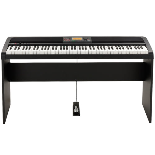 Front view of Korg XE20 Home Digital Ensemble Piano with stand, music stand and sustain pedal