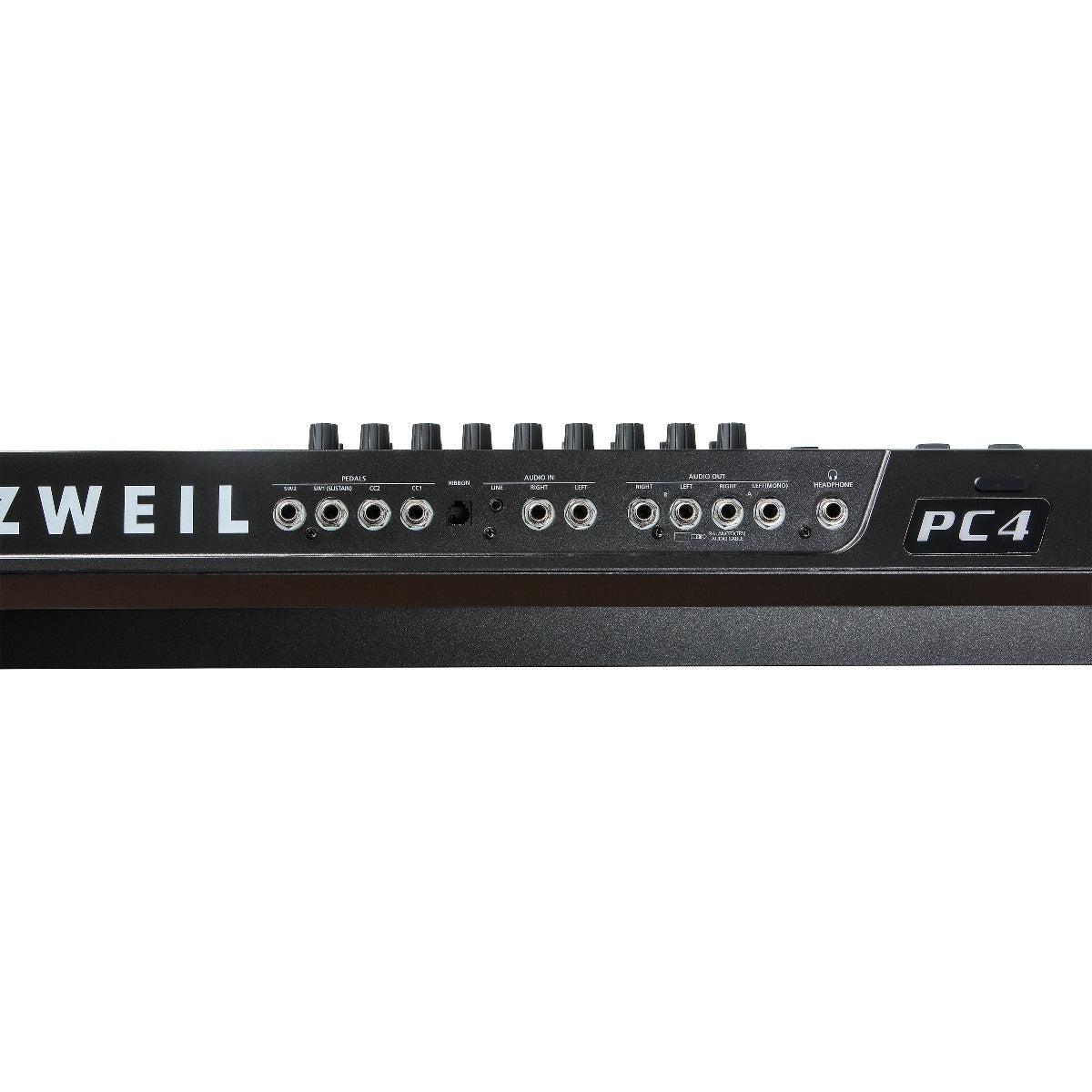 Detail rear view of Kurzweil PC4-7 76-Key Workstation Keyboard showing audio and pedal connections