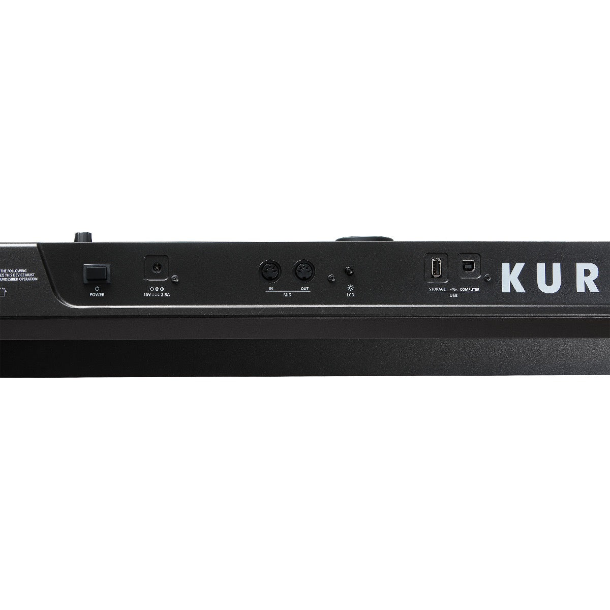 Detail rear view of Kurzweil PC4-7 76-Key Workstation Keyboard showing MIDI and USB connections