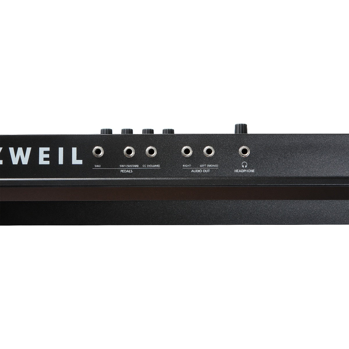 Rear detail view of Kurzweil SP6-7 76-Key Stage Piano showing pedal and audio connections