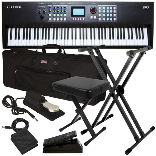 Collage of the components in the Kurzweil SP7 88-Key Stage Piano STAGE ESSENTIALS BUNDLE