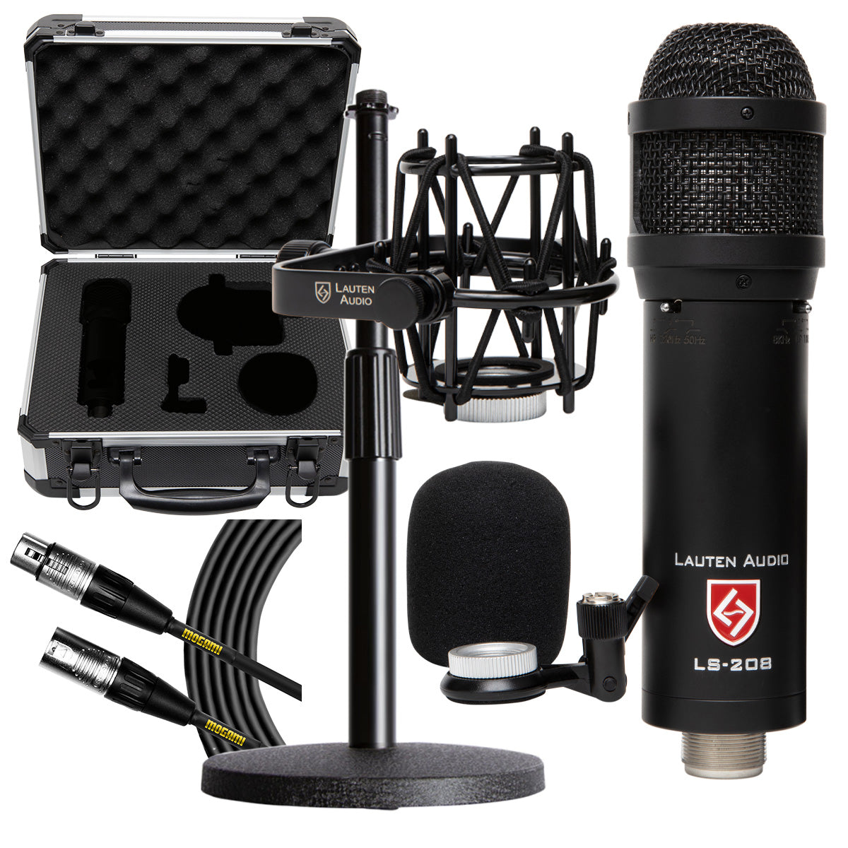 Collage of the components in the Lauten Audio LS-208 Large Diaphragm Condenser Microphone PODCAST PAK bundle