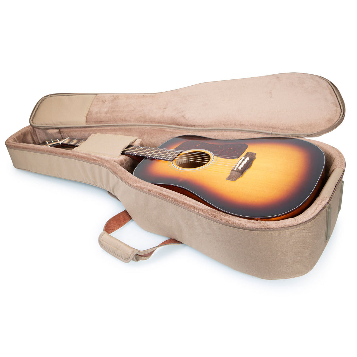 Image of a Levy's Deluxe Dreadnaught Gig Bag open with guitar in it.