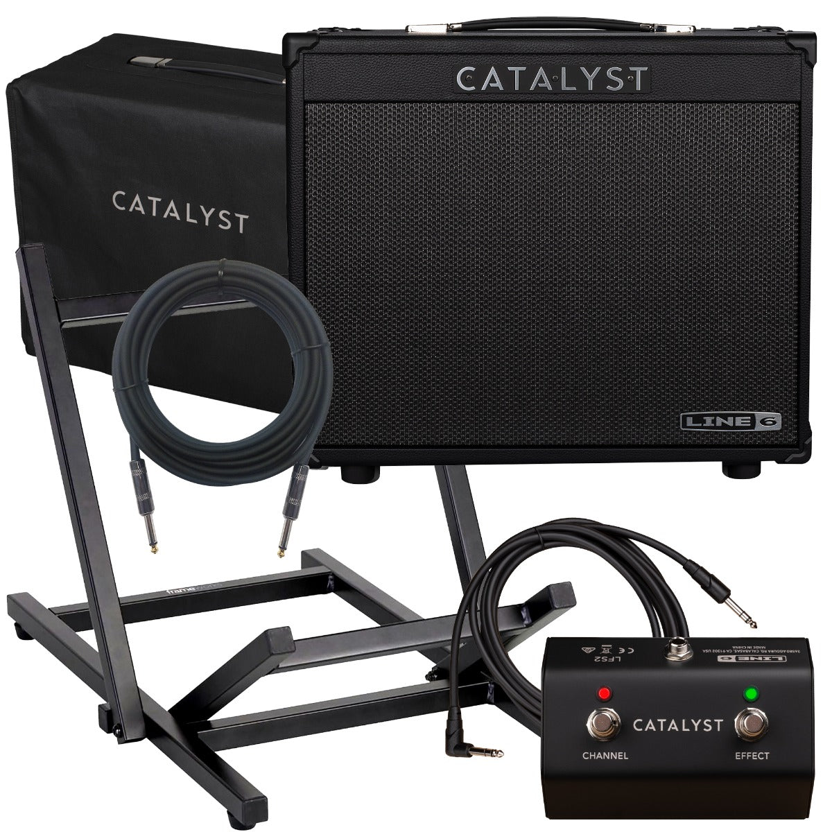 Collage of the Line 6 Catalyst 60 1x12 Combo Guitar Amplifier STAGE ESSENTIALS BUNDLE showing included components