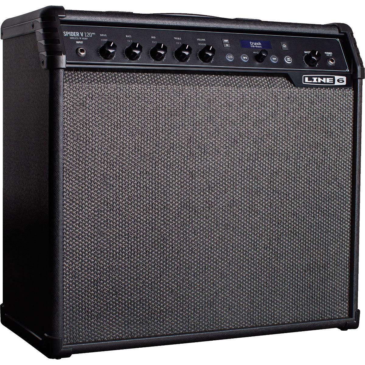 Perspective view of Line 6 Spider V 120 MkII Guitar Amplifier showing front and left side