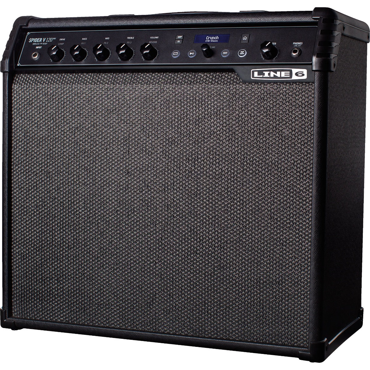 Perspective view of Line 6 Spider V 120 MkII Guitar Amplifier showing front and right side