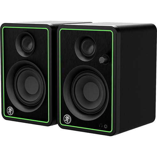 3/4 view of Mackie CR3-X studio monitors showing front, right side and top